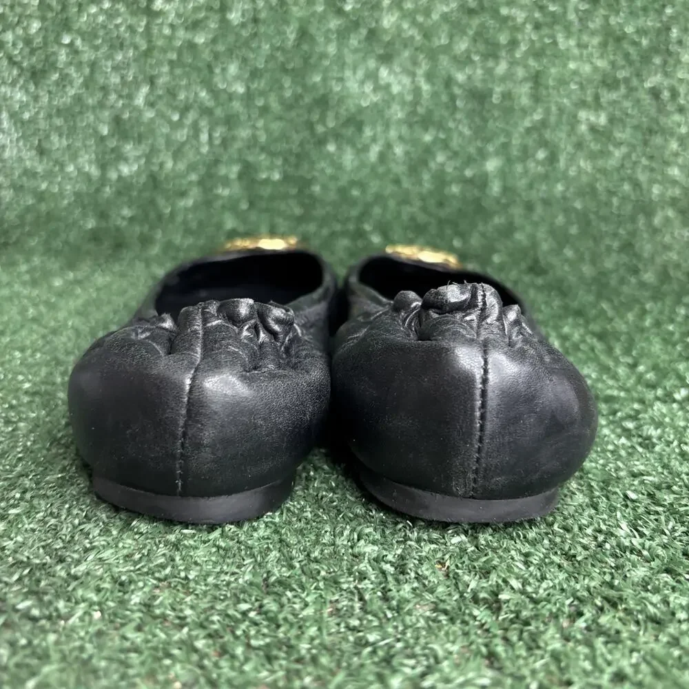 Tory Burch Women's 8 M Black Leather Ballet‎ Flats Round Toe Slip On Logo Accent